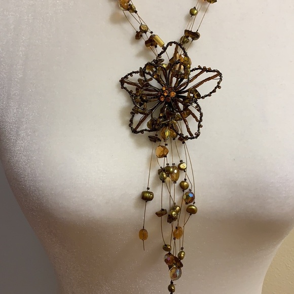 Delicate multi strand wire necklace with crystal and gold beads. - Picture 2 of 5